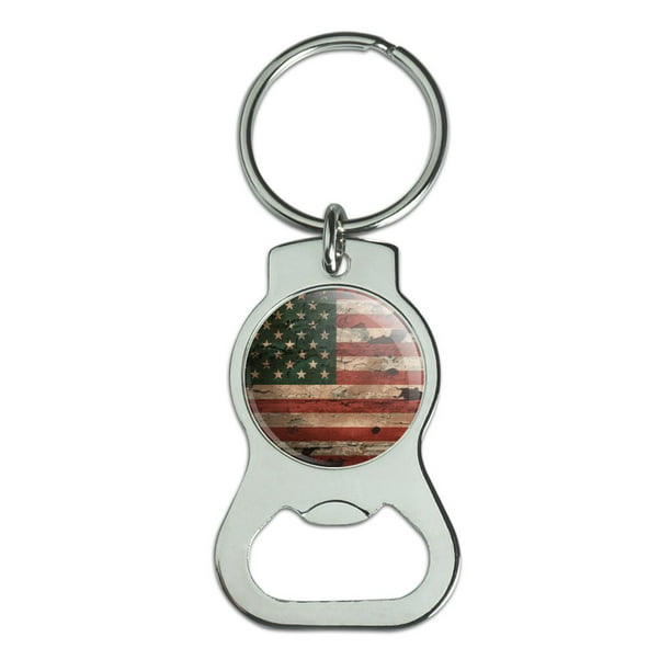 Rustic American USA Flag Distressed Metal Pop Cap Bottle Opener Keychain
